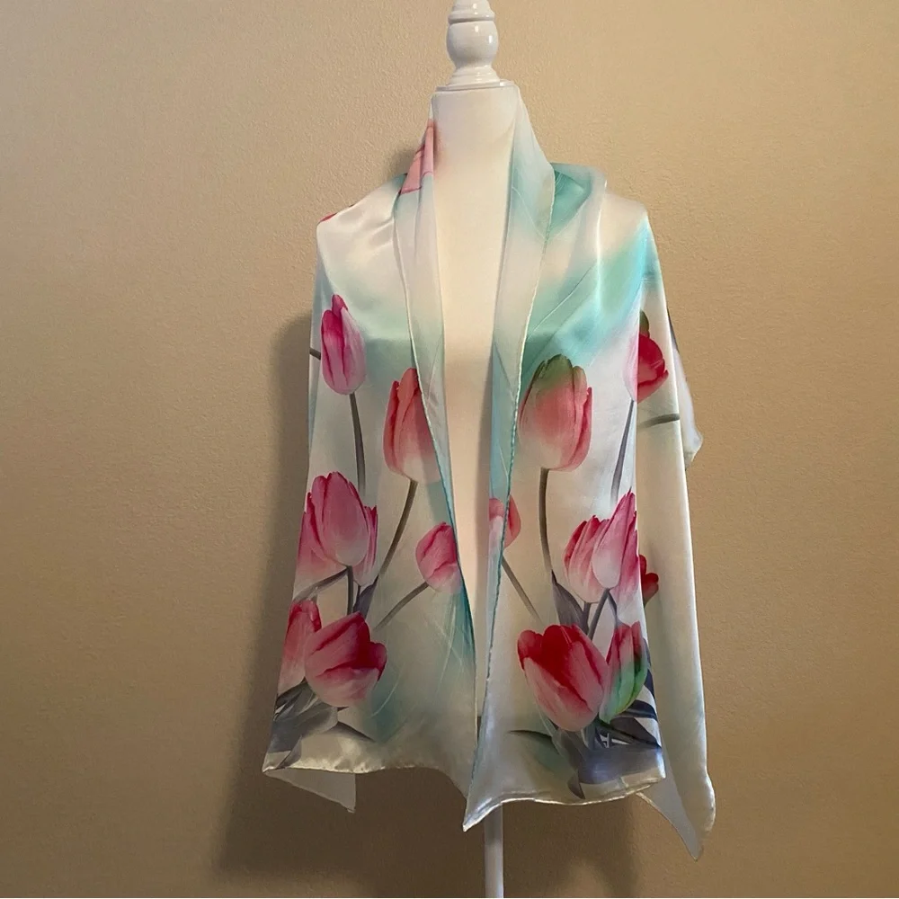 100% Silk Hand-Stitched Floral Shawl Scarf Wrap -Multicolor